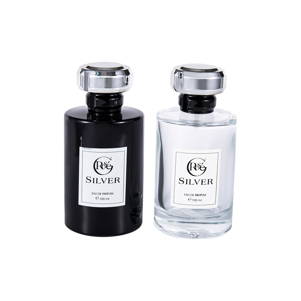 KY1601-WJ2432 100ML Glossy Black Coated Glass Perfume Utrem Cum Uv Silver Plastic Unguentum Cap