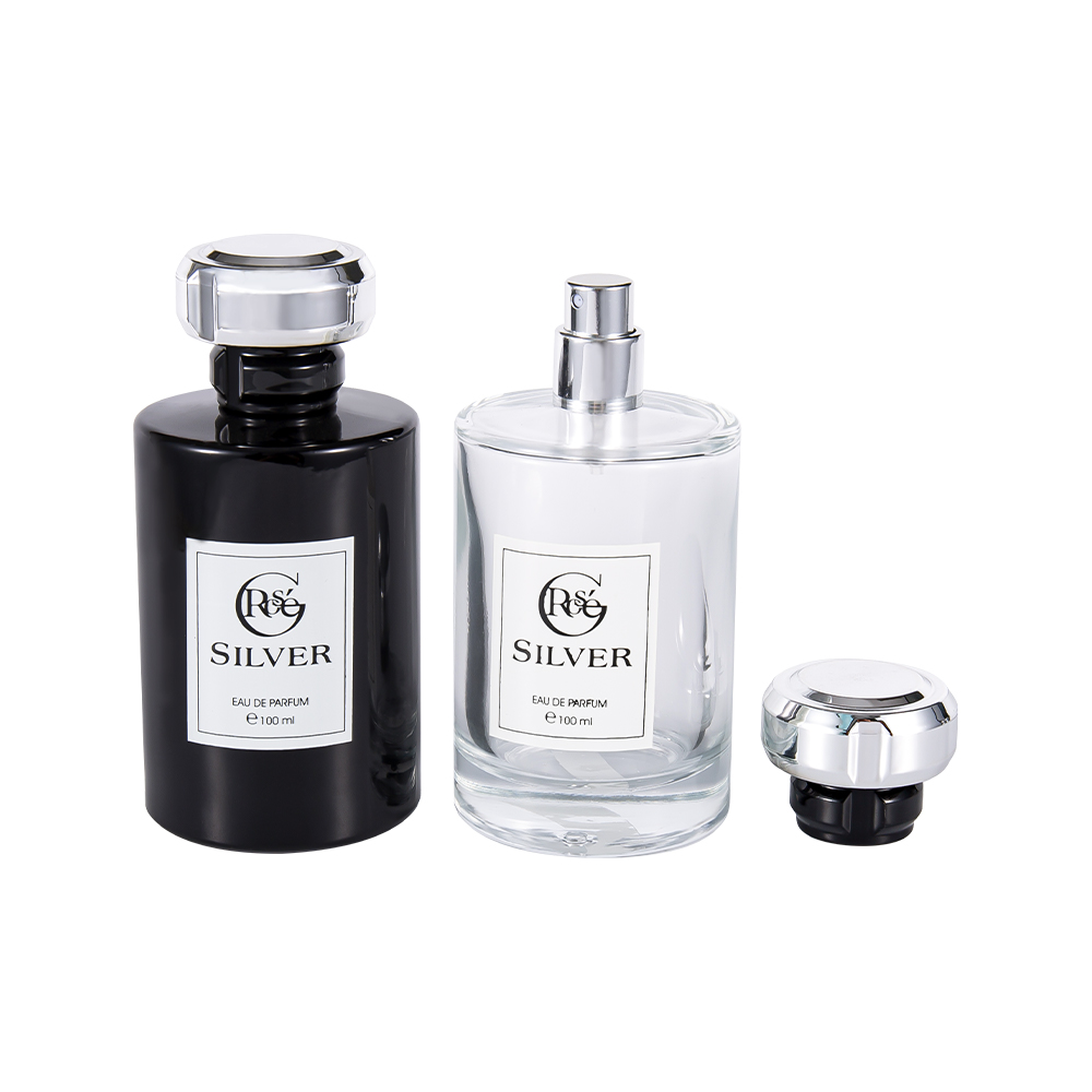 KY1601-WJ2432 100ML Glossy Black Coated Glass Perfume Utrem Cum Uv Silver Plastic Unguentum Cap
